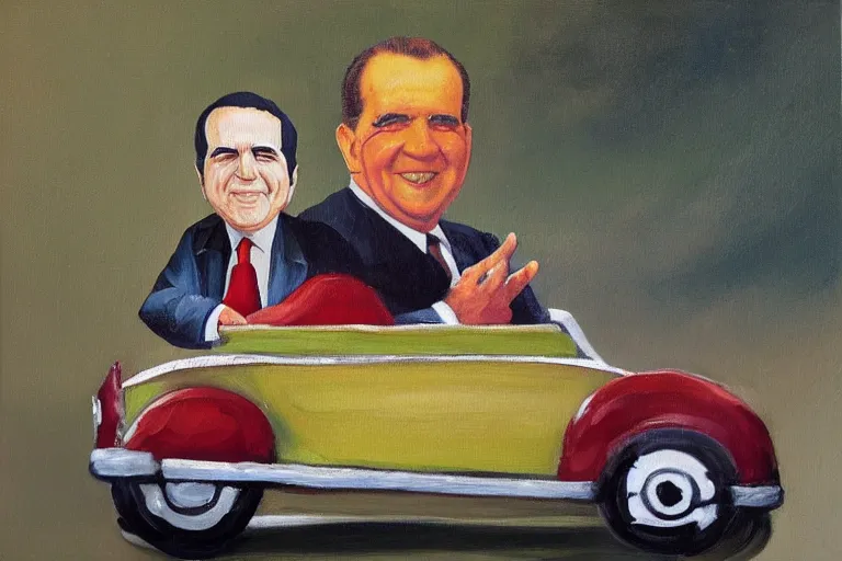 Image similar to “An oil painting of Richard Nixon driving a miniature clown car”