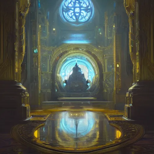 Image similar to a background matte painting for a scifi religious room with chambers of bubbling liquid gold intricate digital painting artstation concept art smooth sharp focus illustration, art by artgerm and greg rutkowski and alphonse mucha