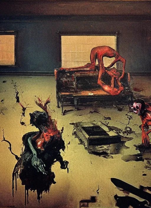 Image similar to two dark figures laughing and a black dog inside a decayed contemporary living room with large oxygen tank in the style of Francis Bacon and Zdzislaw Beksinski, Edward Hopper and Norman Rockwell, highly detailed, very coherent, triadic color scheme