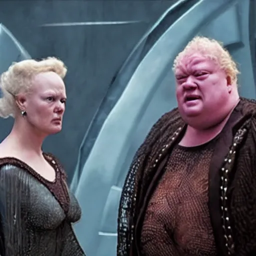 Prompt: photo of baron harkonnen confronting the bene gesserit