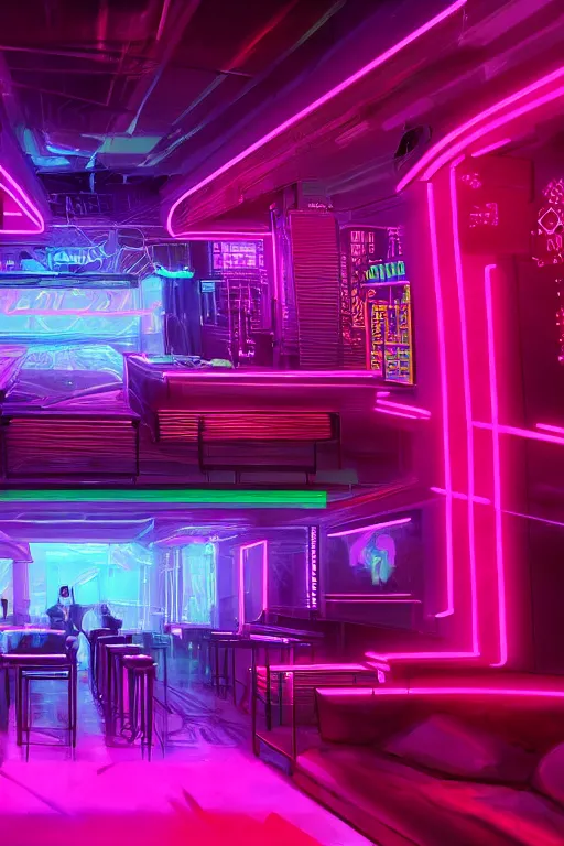 Image similar to cyberpunk synthwave nightclub interior, pink neon lights, futuristic, cgsociety, in the style of artstation