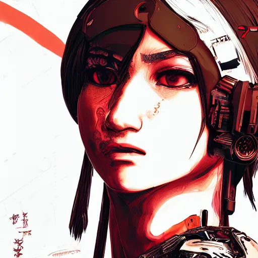 Prompt: highly detailed portrait of a post-cyberpunk Zendaya by Akihiko Yoshida, Greg Tocchini, 4k resolution, persona 5 inspired, nier:automata, vibrant red, brown, white and black color scheme with graffiti