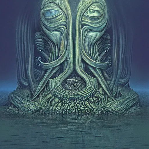 Prompt: deep ones emerging from Marina Bay in Singapore, by H.R Giger, H.P. Lovecraft and Zdzisław Beksiński, digital art trending on artstation