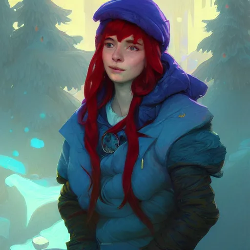 Image similar to portrait of madeline from celeste, blue bubble jacket red long hair, highly detailed, digital painting, artstation, concept art, sharp focus, illustration, art by greg rutkowski and alphonse mucha