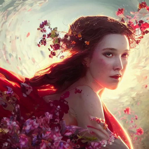 Image similar to scarlet witch in a swirling sundress of flowers, floral explosion, radiant light, vortex of plum petals, oil painting, Tooth Wu, Greg Rutkowski, RPG portrait, dynamic lighting, fantasy art, High contrast, depth of field