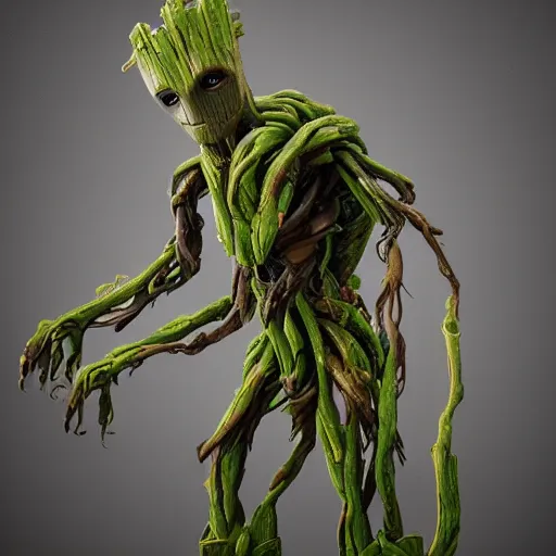 Prompt: mech inspired by groot, 4 k realistic photo