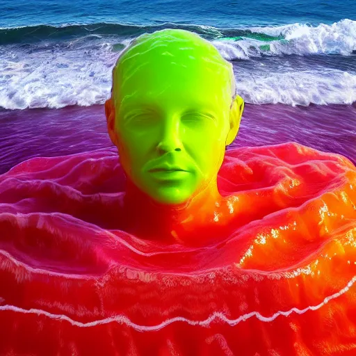 Image similar to a giant human head sculpture in the sea made out of juicy and transparent colorful jelly, long shot, hyper detailed, hyper realistic, ray tracing, 8 k resolution, sharp focus, realistic water, award winning