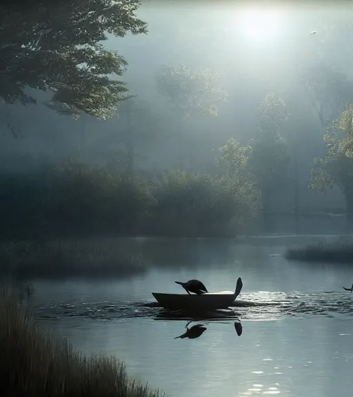 Image similar to three crows in a little boat in a swamp, volumetric lighting, fog, majestic light, octane render, ethereal glare of the sun, hyperrealistic, epic, masterpiece, by greg rutkowski