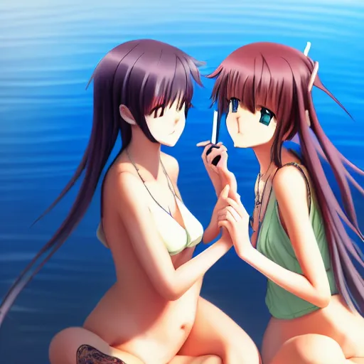 Prompt: two beautiful lesbian girls in love, smoking from a weed bong, sitting in front of a lake, in the style of anime, close - up, highly detailed face, 4 k, artstation, intricate, elegant, highly detailed, lush, stylized, japanese, smooth