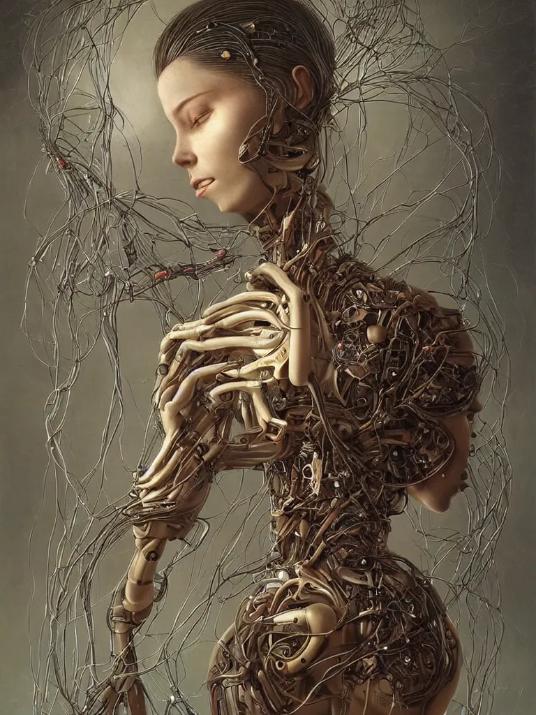 Image similar to portrait of a beautiful female android robot holding a realistic anatomical heart in her hands and crying, there are wires coming from her heart, tangled and entwined with her long flowing hair, mecha, biopunk, painting by James C. Christensen, by tomasz alen kopera