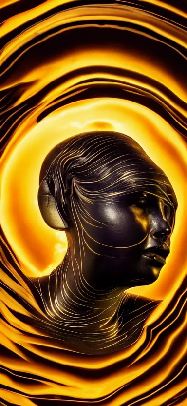 Image similar to epic, abstract sculpture of beautiful female face and black swirling liquifying acrylic portrait, fluffy clouds, golden hour, beautiful light, 3 d sculpture of carving marble, dark colors, dark mood, one point lightning, golden spirals, epic matte painting, concept art