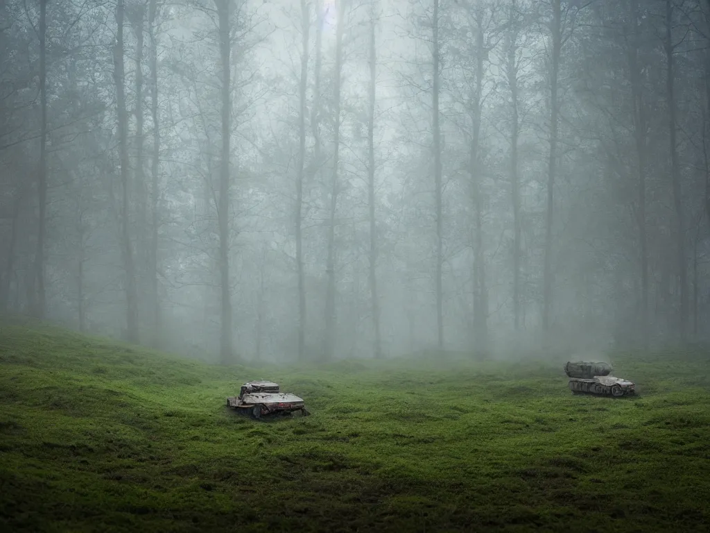 Image similar to damaged tank drives through foggy moss, realistic, tilt shift style, 4 k, ue 5, lense flair, light rays, cinematic light, by michael bay