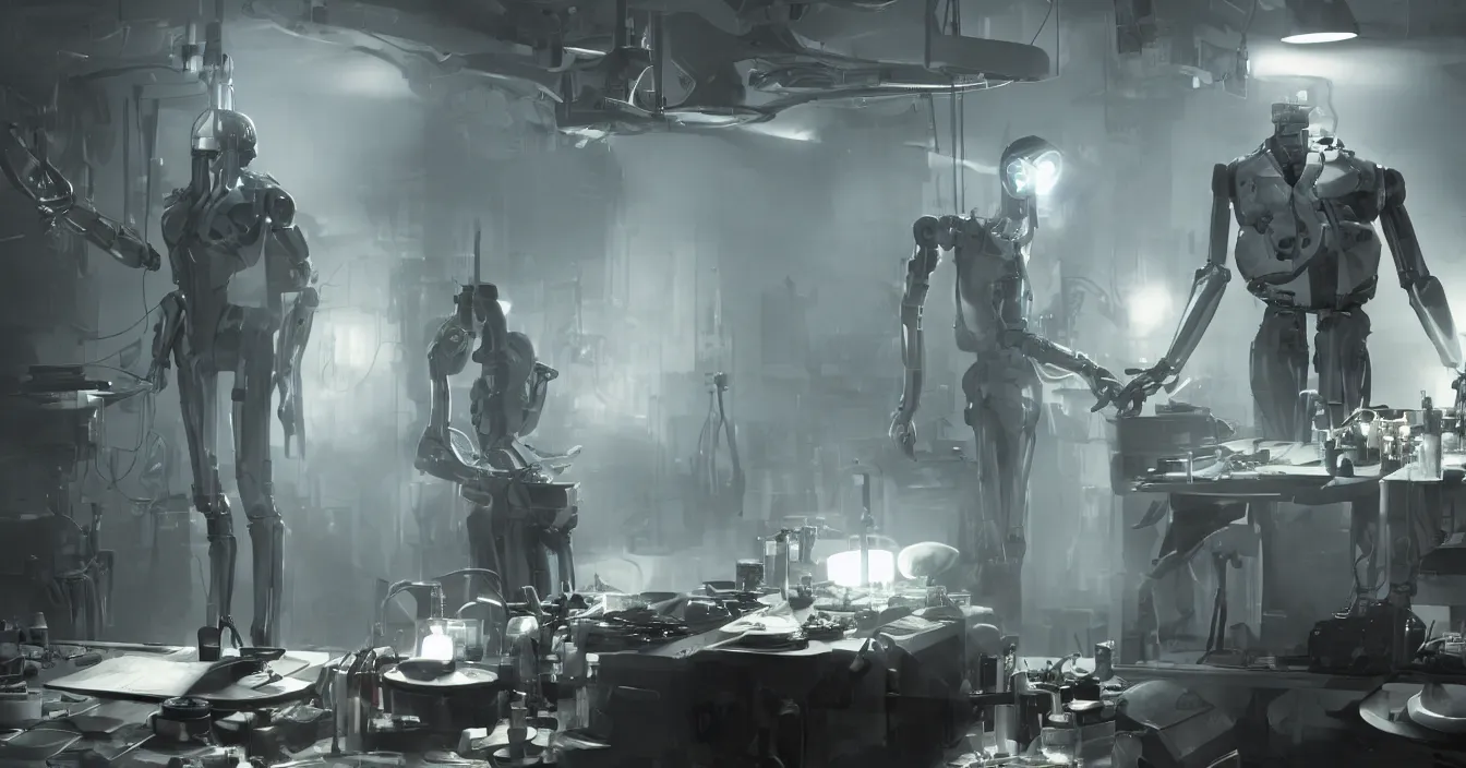 Image similar to realistic image from scifi movie with old doctor creating new humanoid robots in his laboratory, table with scifi tools, reflections, volumetric fog light, dark atmosphere, dramatic cinematic composition, depth, defocus, rendered in vray, raytracing, raymarching, by ilm, digital domain, weta digital