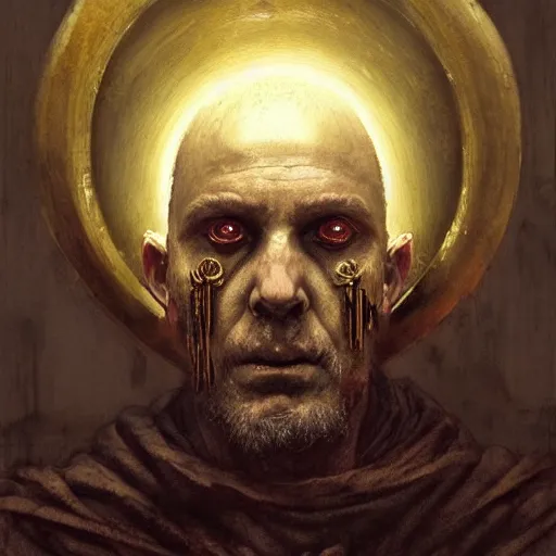 Image similar to a painting of a portrait of the high pontifex of pain with a halo on his head, golden halo, a detailed painting by santiago caruso, official art by greg rutkowski, a character portrait by seb mckinnon,, gothic art, apocalypse art, antichrist, grotesque, elder, skin, gouache, sinew, artstation