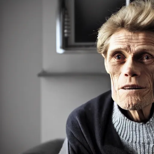 Image similar to A photograph of old Willem Dafoe in his eighties wearing a sweater in the 2010s, taken in the late 2010s, taken on a 2010s Camera, realistic, hyperrealistic, very realistic, highly detailed, very detailed, extremely detailed, detailed, digital art, trending on artstation, headshot and bodyshot, detailed face, very detailed face