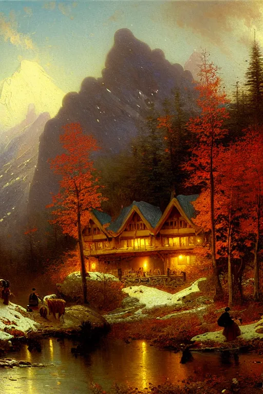 Prompt: detailed painting of a a mountain lodge in the autumn season, filigree ornaments, andreas achenbach