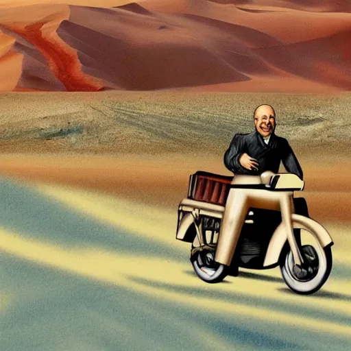 Image similar to a picture of vladimir lenin riding a motorbike, desert road, blue skies, realistic