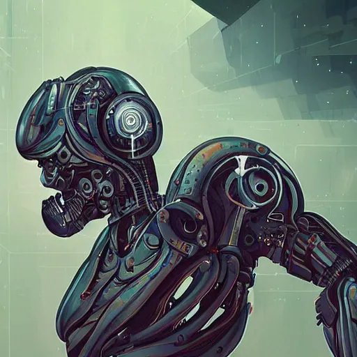Prompt: a cyborg mutating uncontrollably concept art in the style of dystopian surrealism