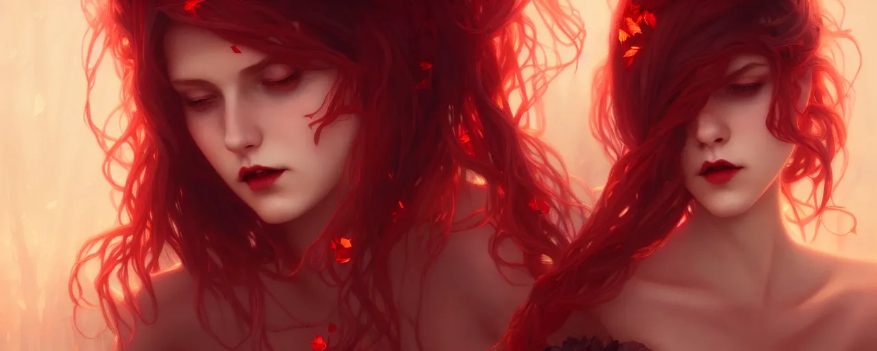 Prompt: vampire girl with with hair becoming autumn red leaves, intricate, dreamy, digital painting, artstation, concept arti, unreal engine 5, 8 k, art by artgerm and greg rutkowski and alphonse mucha