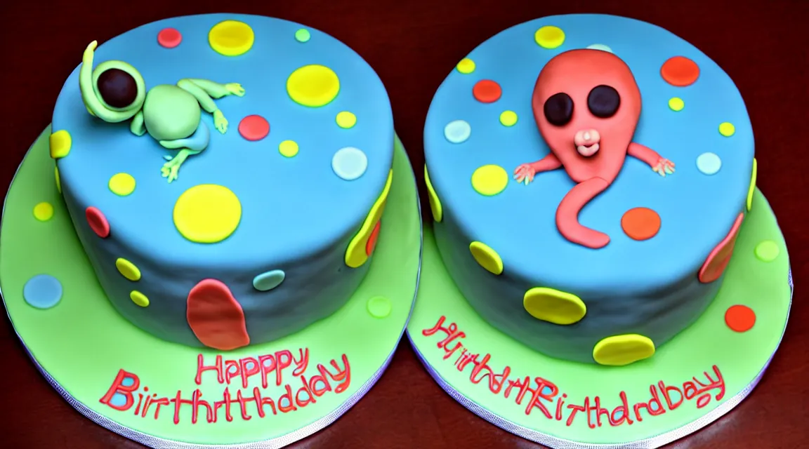 Image similar to beautiful birthday cake with an alien figure