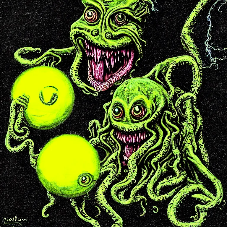 Image similar to a cinematic scene tennis ball monster from the cthulhu in nevada test side, lovecraft, concept art by basil gogos, dramatic lighting, ultra hd, hdr, 8 k
