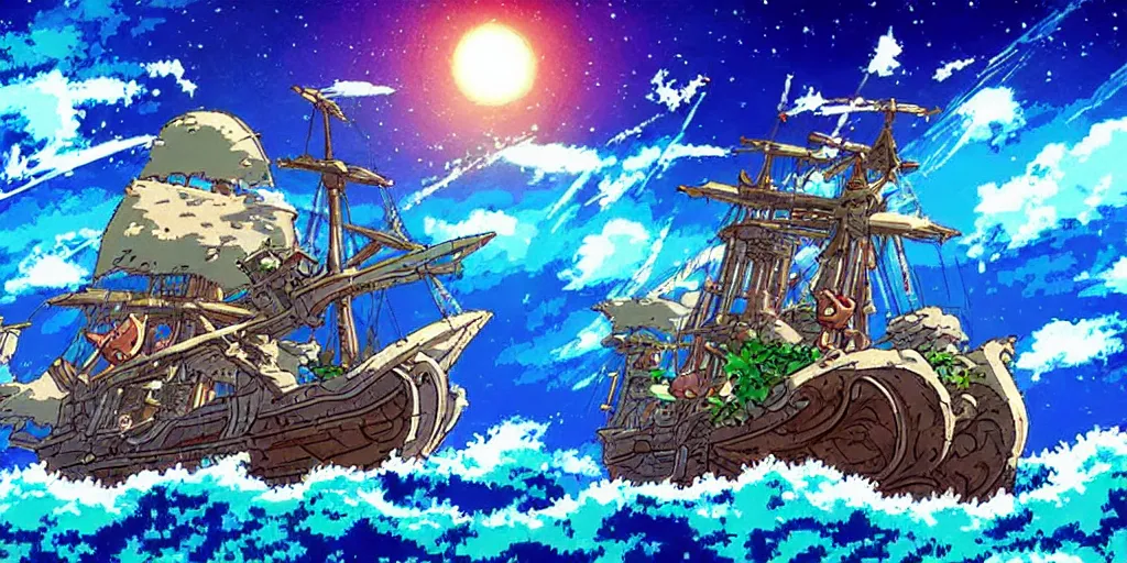 Image similar to hd pixel art beautiful pirates battles in the ocean botw-studio-ghibli-interstellar-dinotopia #art #distinct #cinematic-composition