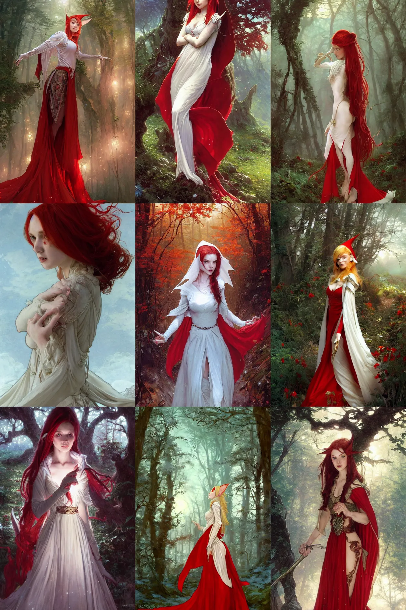 Prompt: 8k portrait of beautiful high-fantasy elf girl with red hair long pointed ears wearing an off-white gown and a red cloak, moolight, night, ethereal, intricate details, rule of thirds, by Stanley Artgerm Lau, by greg rutkowski, by thomas kindkade, by alphonse mucha, loish, by norman rockwell J.