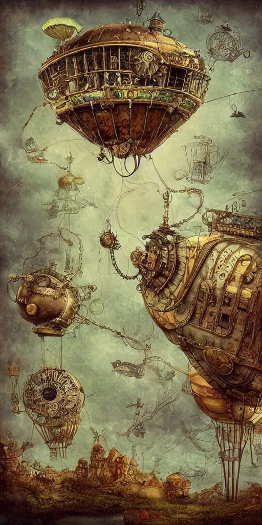 Image similar to a detailed digital painting of an organic steampunk living airship by alexander jansson and where's waldo and leonardo da vinci