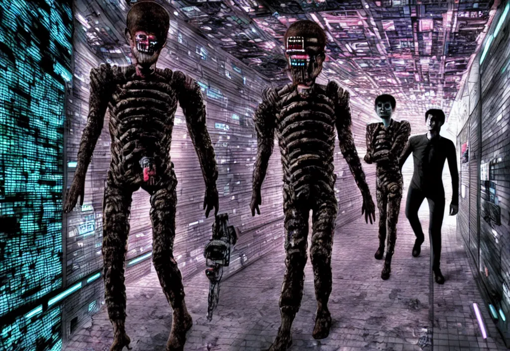 Prompt: hyperrealistic colorized cinestill of willem dafoe in the style of dead space, junji ito, gantz, roaming toronto yorkdale mall. deep aesthetics of weirdcore