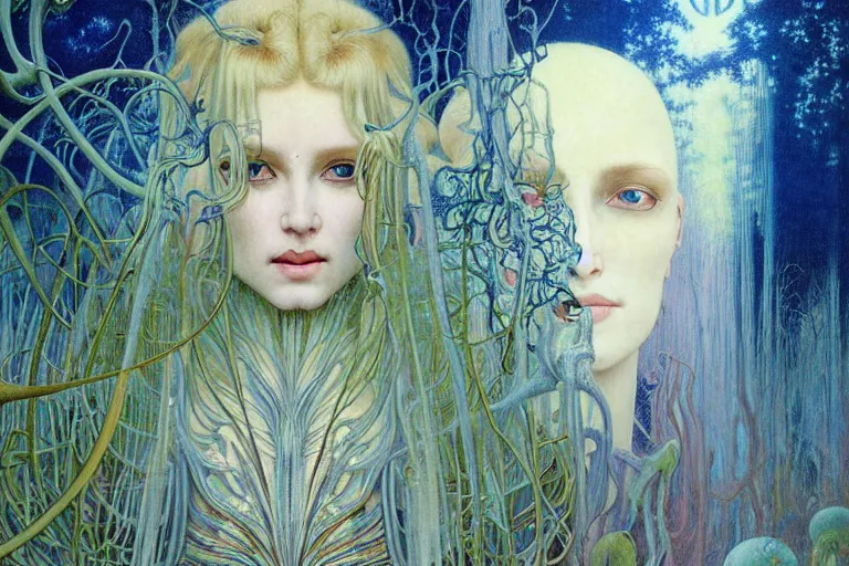 Image similar to realistic detailed portrait painting of a beautiful ghost woman with blond hair with an alien, futuristic sci-fi forest on background by Jean Delville, Amano, Yves Tanguy, Alphonse Mucha, Ernst Haeckel, Edward Robert Hughes, Roger Dean, rich moody colours, blue eyes