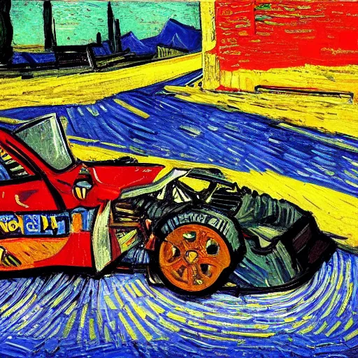 Image similar to pit lane accident. painted by van gogh. bright colors . extreme heat