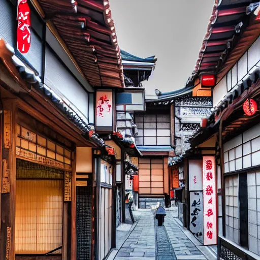 Prompt: A very detailed traditional Japanese street with lots of small shops selling intricate antiques in the future, photorealistic, 4k