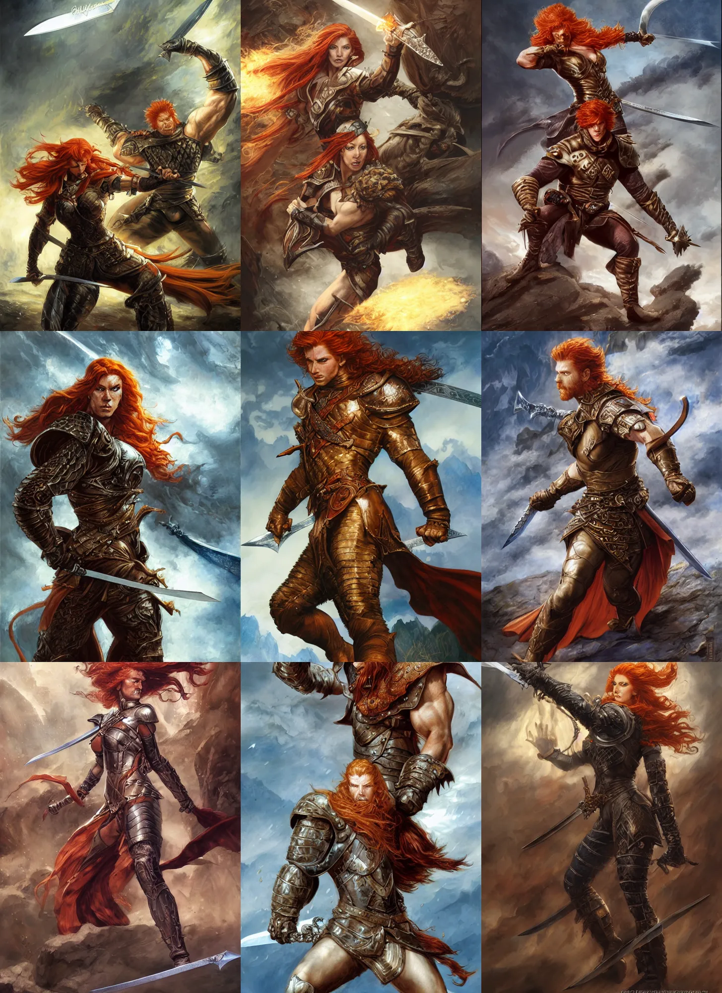 Prompt: D&d character, strong fighter in leathers, ginger hair, dynamic action pose, straight great sword, Donato Giancola, Mark Brooks, Ralph Horsley, Charlie Bowater, Artgerm, Christopher Balaskas, Bastien Lecouffe-Deharme, Boris Vallejo