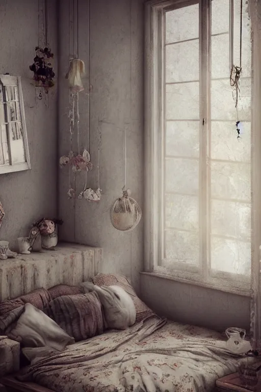 Image similar to hq sharp photo realistic shabby chic room with windows colorful atmospheric, artstation behance