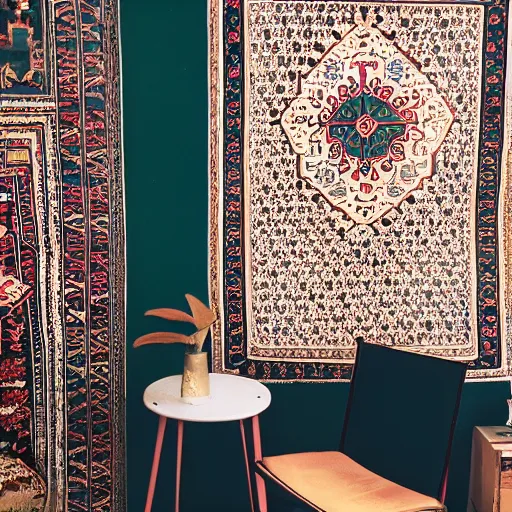 Prompt: a room with a chair, a table, a speaker and a persian carpet, unsplash, postminimalism, aesthetic, cluttered