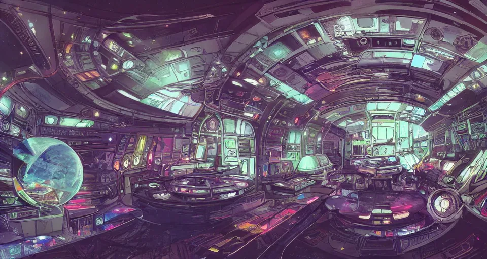 Prompt: A beautiful artwork illustration, inside of an alien ship, cluttered with charts, images, and holograms of planets, featured on artstation, wide angle, horizontal orientation