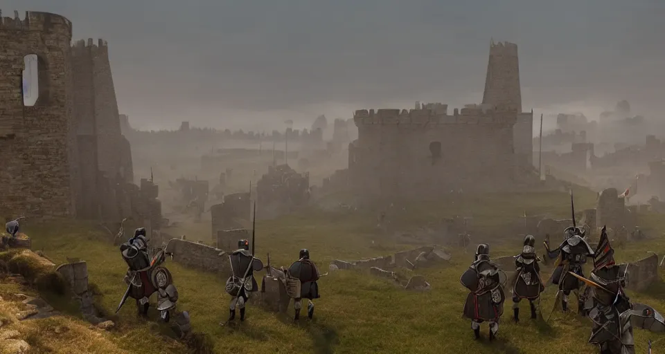 Image similar to ten medieval soldiers atop a castle wall looking at two trebuchets. it is a quiet morning. mist, epic, cinematic, volumetric lighting, symmetry, fantasy style, highly - detailed, unreal 5, realism
