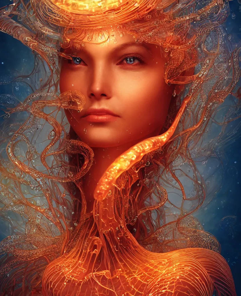 Image similar to close-up macro portrait of the face of a beautiful princess, epic angle and pose, symmetrical artwork, 3d with depth of field, blurred background, cybernetic jellyfish female face skull phoenix bird, translucent, nautilus, energy flows of water and fire. a highly detailed epic cinematic concept art CG render. made in Maya, Blender and Photoshop, octane render, excellent composition, cinematic dystopian brutalist atmosphere, dynamic dramatic cinematic lighting, aesthetic, very inspirational, arthouse. y Greg Rutkowski, Ilya Kuvshinov, WLOP, Stanley Artgerm Lau, Ruan Jia and Fenghua Zhong