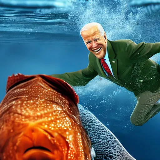 Image similar to president biden riding a fish underwater, ultra realistic, 8 k, ultra details, highly detailed face, sharp focus