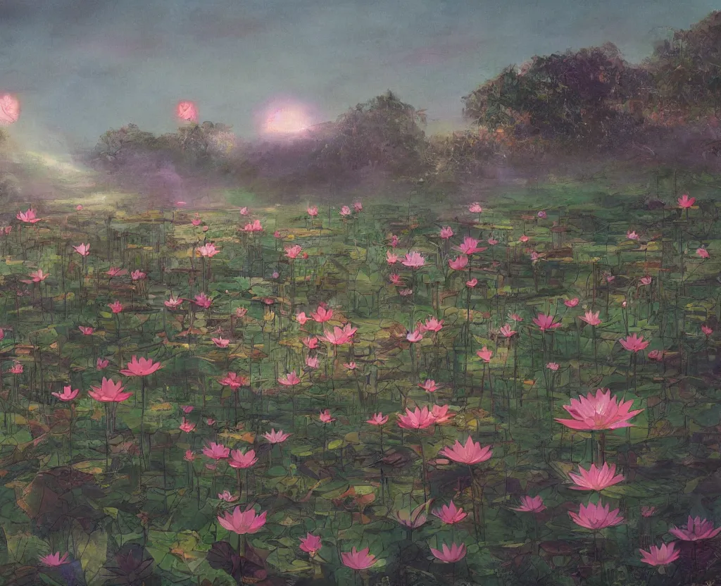 Image similar to a landscape pastel in the style of noriyoshi ohrai of a field of lotus flowers, glowing with iridescent mana, night time early dawn. key art. 4 k retrofuturistic fantasy