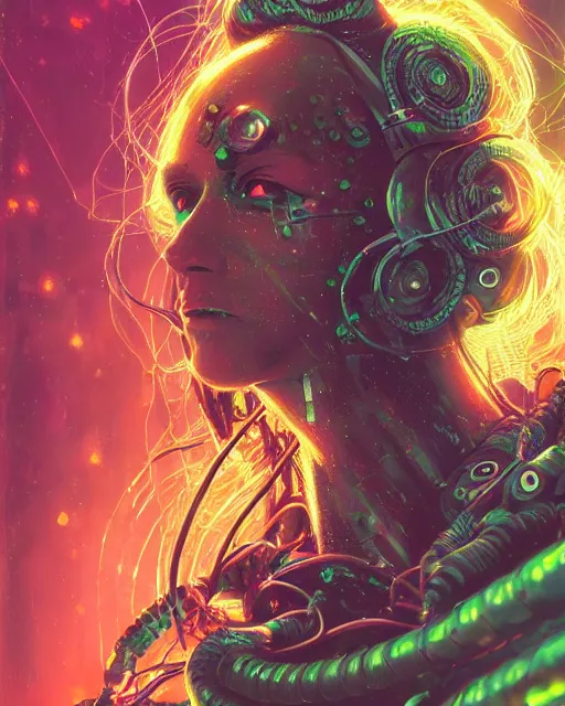 Prompt: a cyberpunk close up portrait of cyborg medusa, electricity, snakes in hair, sparks, bokeh, soft focus, by paul lehr, jesper ejsing