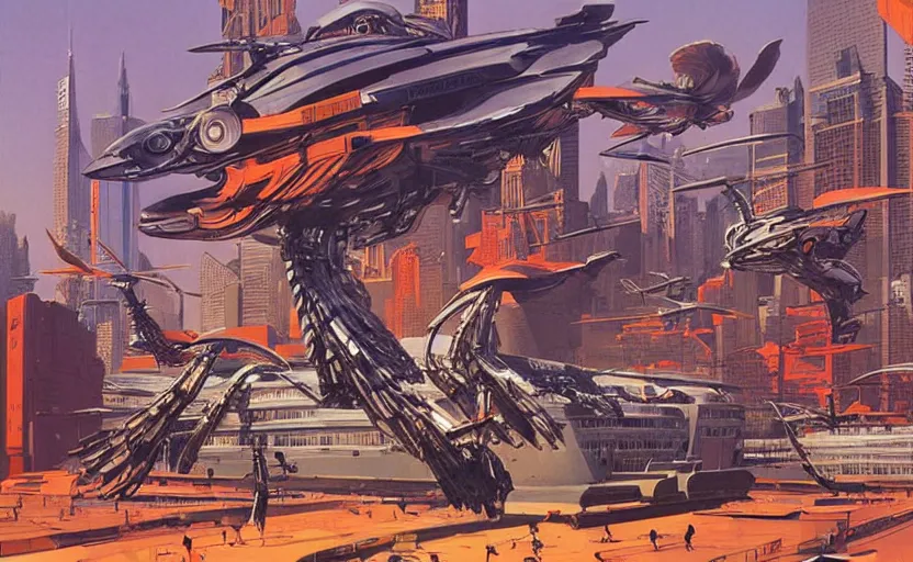 Prompt: cybernetic city overrun by gigantic robot birds, art by syd mead, extremely detailed, high quality,