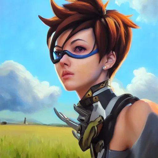 Image similar to oil painting of tracer overwatch in a field wearing spiked collar around neck, in style of steve henderson, expressive face, detailed face, detailed eyes, full body, feminine face, tracer overwatch,