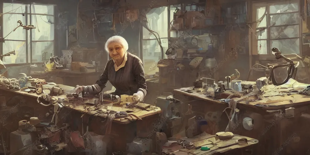 Image similar to an environmental concept art of an elderly russian woman cyberneticist in a cluttered mechanics workshop, surgical implements, surgery table, highly detailed, cinematic, dramatic, cyberpunk