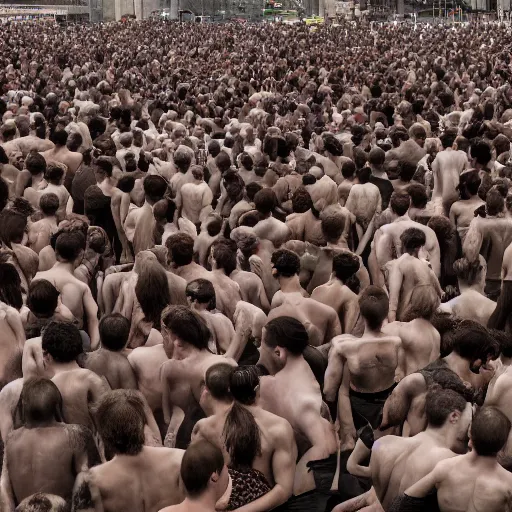 Image similar to hundreds of humans. A sea of humans. interconnected flesh. Crowdcrush. Many humans intertwined and woven together. Bodies and forms amesh.