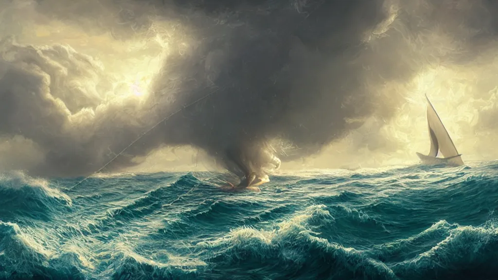 Image similar to a gigantic cat bursting out of a stormy sea attacking a small sail boat, wet fur, giant waves, sunbeams in background, intricate, detailed, volumetric lighting, sharp focus, scenery, photorealism, digital painting, highly detailed, concept art, by simon stalenhag and mark brooks