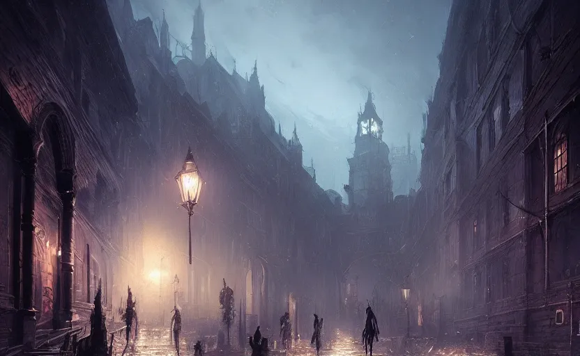 Image similar to Victorian city streets night, bloodborne, Greg Rutkowski, digital art, artstation