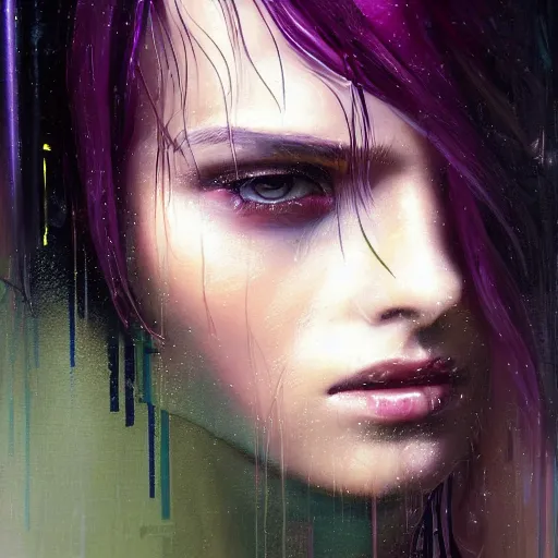 Image similar to very detailed masterpiece painting of a very beautiful wet young cyberpunk woman with olive skin, dark purple hair and cybernetics, cyberpunk background, raining, closeup, portrait, artstation, concept art by greg rutkowski