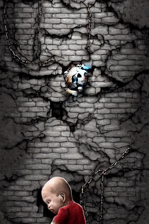 Image similar to giant crack hole on the brick concrete wall, child with dirty face watching from inside the crack reaching towards camera hand is holding a dirty ealistic teddybear. gloomy, intricate, elegant, highly detailed, digital painting, artstation, concept art, addiction, chains, smooth, sharp focus, illustration, art by ilja repin