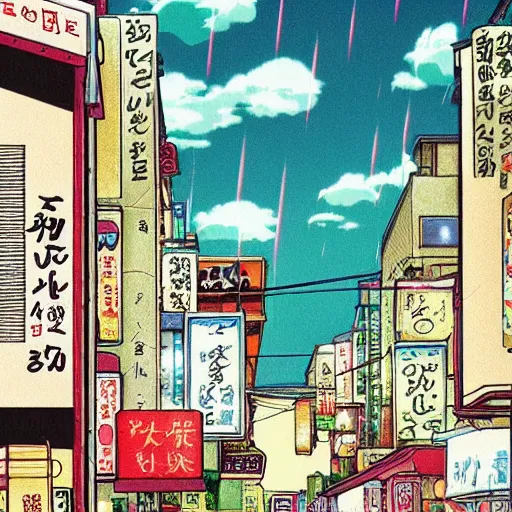 Prompt: pho, rainy day, anime, japan, ghibli, 9 0 s, retro style, aesthetic, chill, room